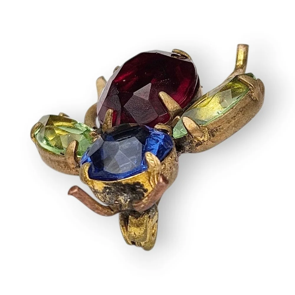 Vintage Bug Brooch Jewel Tone Glass Rhinestone Colorful Bee Fly Insect Brass